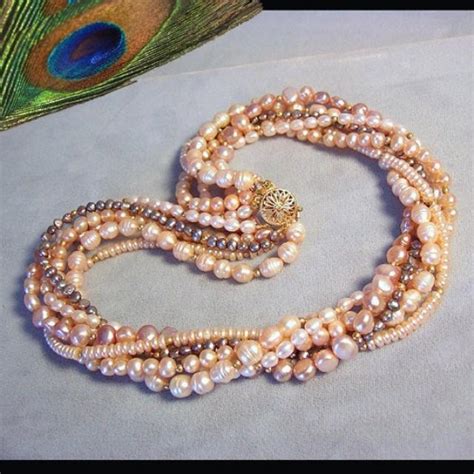 Freshwater Pearl Torsade Necklace ~ Six Strand Peach And Mauve Fwp