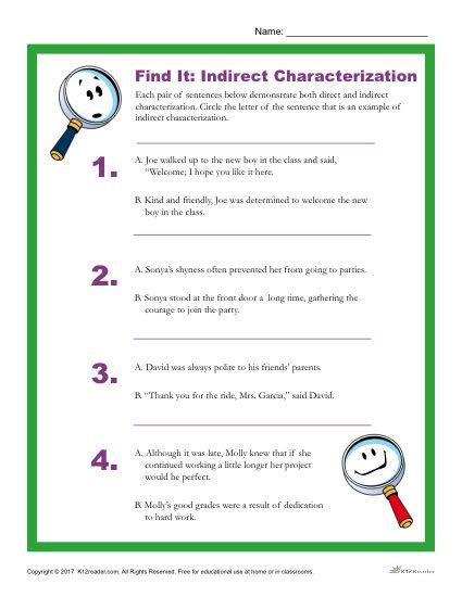Direct And Indirect Characterization Worksheet For Middle School Kid