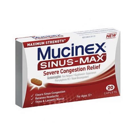 mucinex sinus max severe congestion relief caplets 20 ea