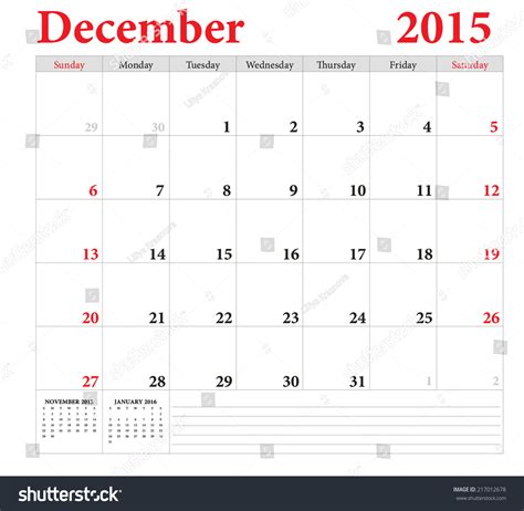 December 2015 Planning Calendar Weeks Start On Sunday Stock Vector