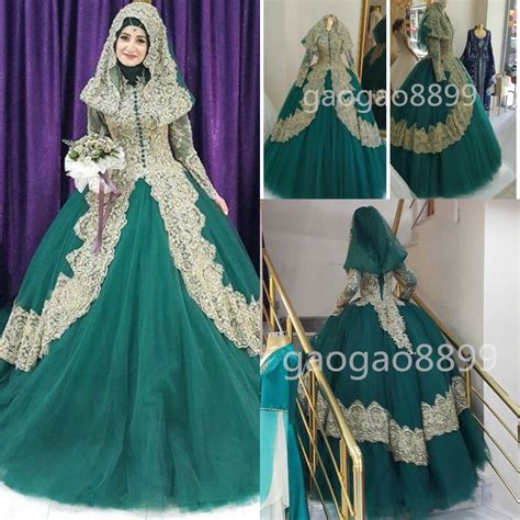Turkish Islamic Women Wedding Dress 2016 Couture Ball Gown Robe De Mariage Gold Applique Hijab
