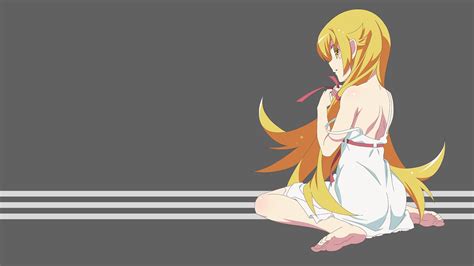 Blonde Long Hair Barefoot Kneeling Anime Anime Girls Simple Background Oshino Shinobu