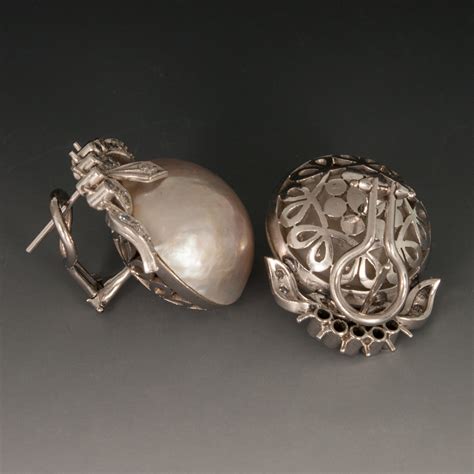 Platinum Mabe Pearl Earrings w/Diamonds, Vintage