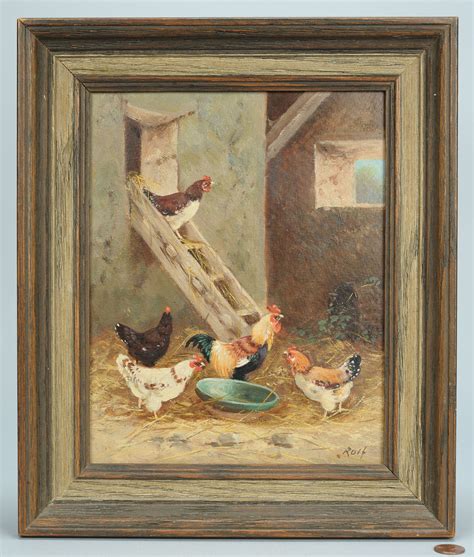 What kind of art can you do with chickens? Lot 194: Oil painting of chickens, signed Rolf