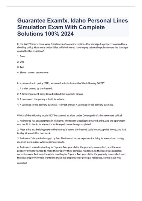 Guarantee Examfx, Idaho Personal Lines Simulation Exam With Complete