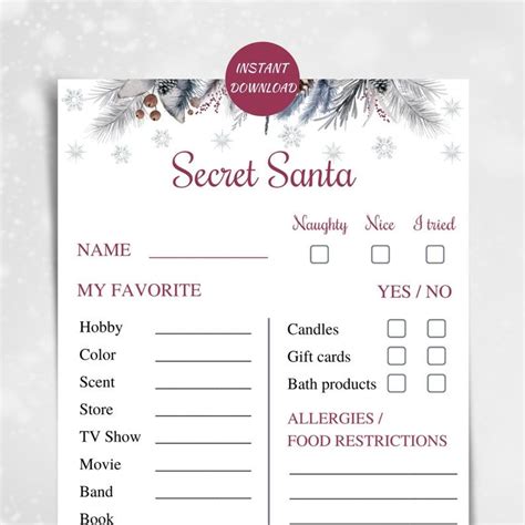 Printable Secret Santa Questionnaire 5x7 Work Secret Santa Etsy