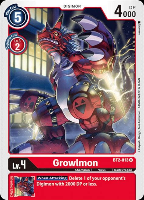 Digimon Trading Card Game 2020 V1 Single Card Uncommon Growlmon Bt2