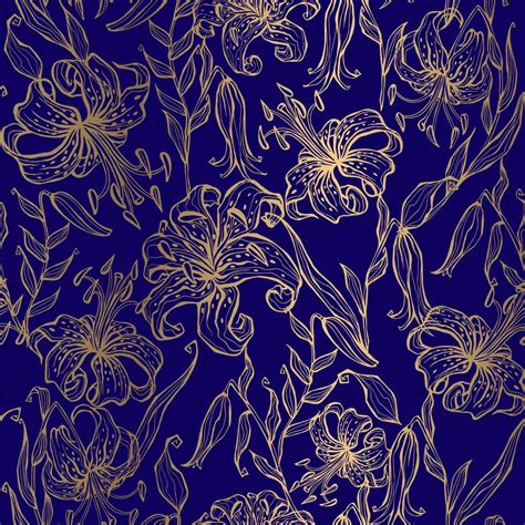 Golden Lilies On A Dark Blue Background Seamless Pattern Vector
