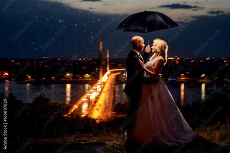 Romantic Loving Couple Newlywed Wedding Against Background Of The