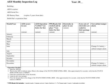 (a licensed fire extinguisher maintenance contractor must have inspected the extinguisher within the. Nevada Aed Monthly Inspection Log Download Printable PDF ...