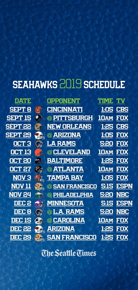 27 — seattle seahawks vs. Printable Seahawks Schedule Tv 2019- 2020 - Calendar ...