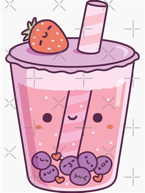 Kawaii Strawberry Milk Boba Tea Sticker By Rustydoodle Redbubble