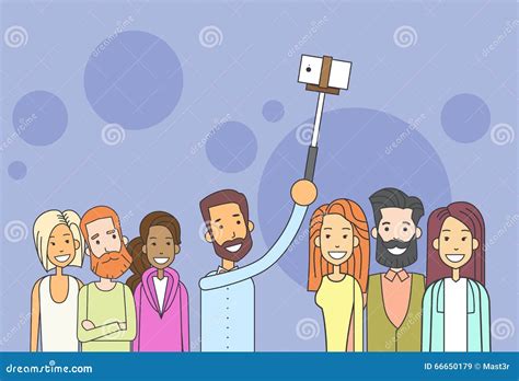 People Group Hipster Taking Selfie Photo On Smart Phone Stick Stock