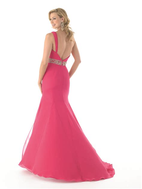 Fuchsia A Line One Shoulder Open Back Sweep Train Full Length Chiffon Prom Dresses With Beading