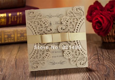 Buy Fancy Golden Lace Wedding Invitation With Ribbon
