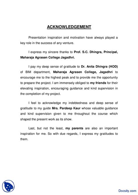 Acknowledgement statements play a crucial role in ensuring that scholars appreciate the efforts they received when completing their research work. Acknowledgement Example 1-Writing Reports-Handout - Docsity