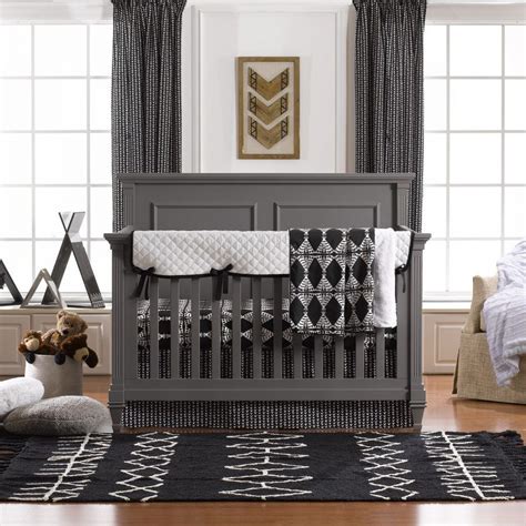 This sumptuous ensemble includes a grey and white crib skirt and striped crib sheet, pillowcase and blanket. Sundown (Black and White) Bumperless Crib Bedding | Luxury ...