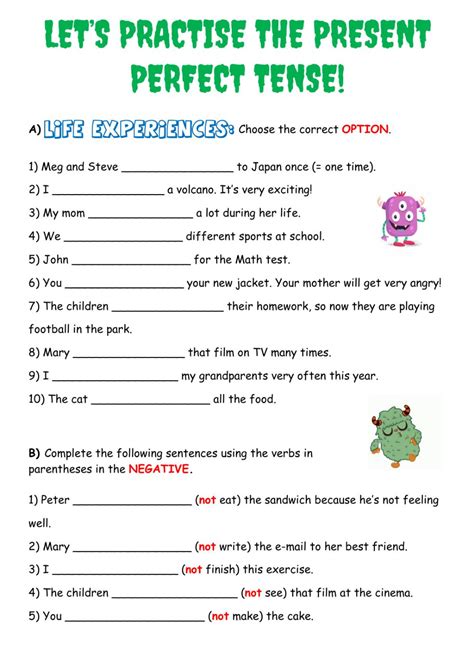 Follow the list for detailed expressions; LET'S PRACTISE THE PRESENT PERFECT TENSE! worksheet