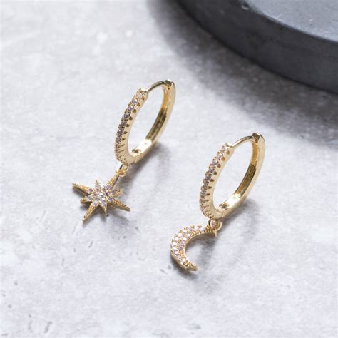 Moon And Star Crystal Drop Hoop Earrings In Gold Colour By Brand X