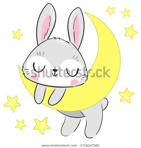 Стоковая векторная графика Hand Drawn Cute Rabbit On Moon без