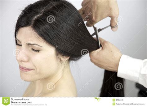 Scary Moment Long Hair Being Cut By Hairdresser Stock Photos Image