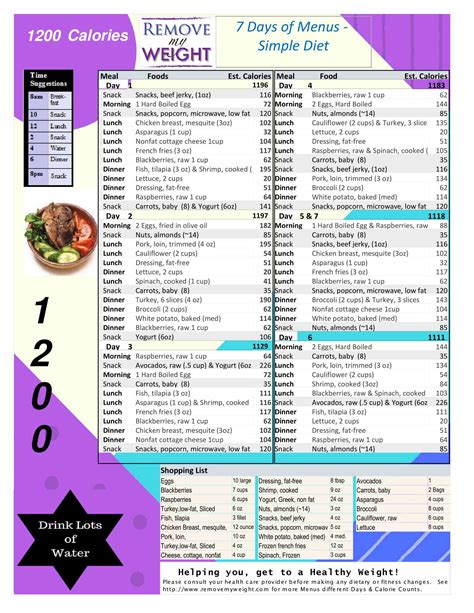 You could use weight watchers maybe. 7 Day Diet Menu Plan 1200 Calories a day Simple - Menu Plan for Weight Loss