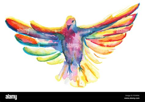 Watercolor Illustration Of Multicolor Pigeon Symbol Of The Holy Spirit