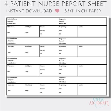 Four Patient Nurse Report Sheet Template Sbar Rn Handoff Etsy