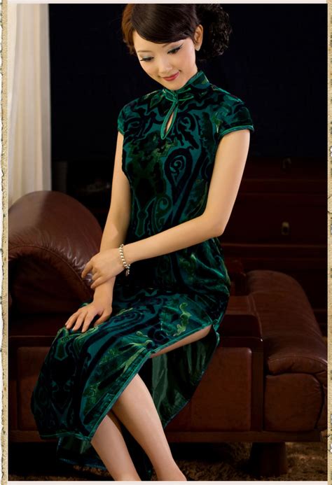 luxury velvet classical long cheongsam green qipao cheongsam and dresses women