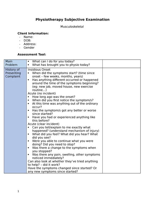 Physiotherapy Subjective Examination Msk Physiotherapy Subjective