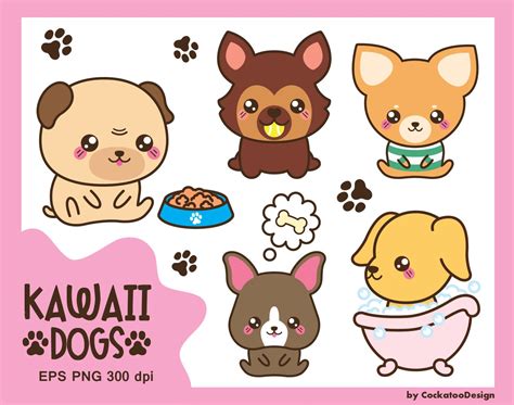 Kawaii dog clipart, cute dog clipart, dog breeds clipart, daschund clipart, pug clipart 