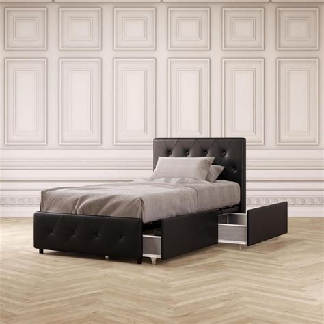 Dhp Dakota Twin Upholstered Bed With Storage Drawers In Black Faux Leather