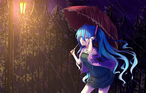 Art Hatsune Miku Vocaloid Girl Street Umbrella Anime Hd Wallpaper