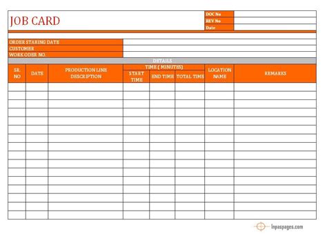 Job Card Format Word Document Excel Pdf Sample With
