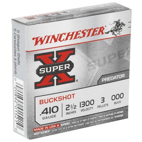 winchester ammunition super x 410 gauge 2 5 000 buckshot 3 pellets 5 round box 5rd box