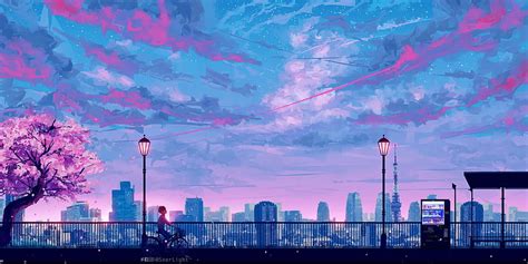 Silhouette Of Steel Ridge Blue And Pink Sky Anime White And Purple