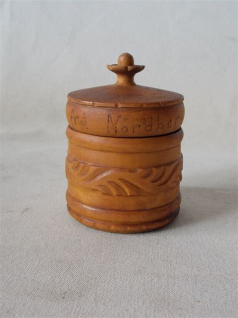 Vintage Carved Wood Jar Canister Box Norwegian
