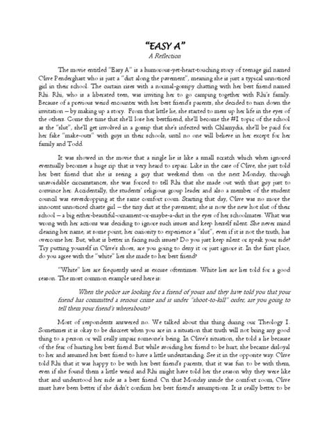 They will show you just how your paper should be structured and the types of information that you should cover within your writing. Easy a (Reflection Paper) | Truth | Philosophical Science