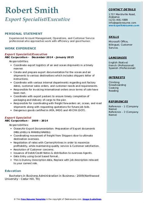 This import export resume example is i created for myself.learn how this resume example help you in the career at import export company. Export Specialist Resume Samples | QwikResume