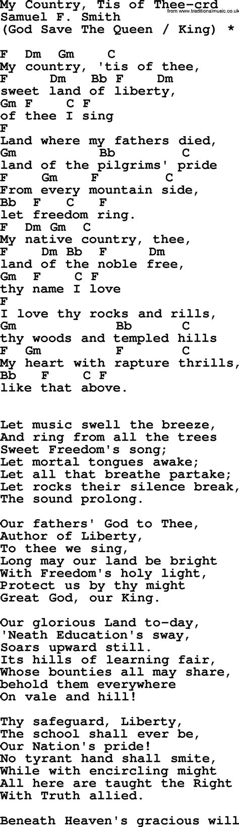 My native country, thee, land of the noble free, thy name i love; Top 500 Hymn: My Country, Tis Of Thee - lyrics, chords and PDF