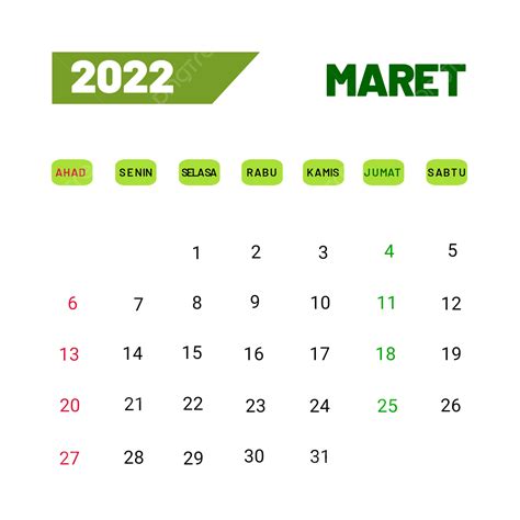 Gambar Maret 2022 Kalender Masehi Dalam Hijau Segar Maret 2022