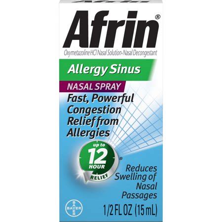 Nasal sprays are used to deliver medications locally in the nasal cavities or systemically. Afrin Allergy Sinus Congestion Relief Nasal Spray, 0.5 Fl ...