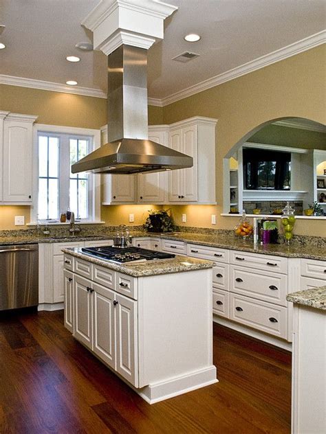 All kitchen appliances are hidden behind cabinets. Love how this stainless gas hood is positioned in the ...