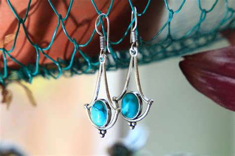 Turquoise Dangle Earrings Vintage Style Earrings Silver Plated Healing Crystal Jewellery