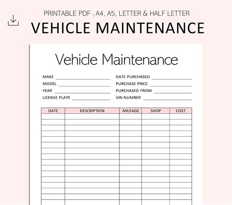 Vehicle Maintenance Log Vehicle Service Tracker Vehicle Etsy Uk