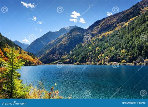 Beautiful View Of The Rhinoceros Lake Among Wooded Mountains Stock