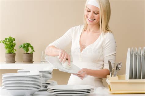 Modern Kitchen Happy Woman Washing Dishes Stock Image Image Of