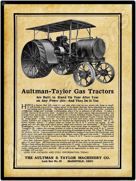 1916 Aultman And Taylor Machinery Company Metal Sign Gas Tractors