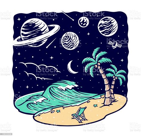 View Of The Beach At Night Vector Illustration Stock Illustration