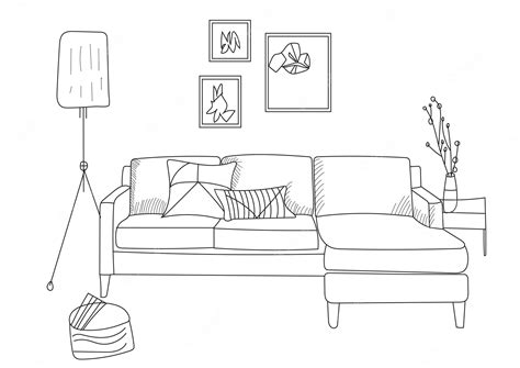 Premium Vector Living Room Interior Line Art Outline Sketch Design